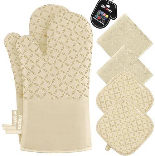 KEGOUU Lot de 6 gants de cuisine et maniques extra longs résistants à la chaleur à 500 degrés avec surface en silicone antidérapante pour la cuisine (beige)