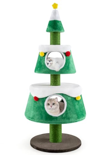 COSTWAY Albero di Natale per Gatti con 2 Condomini, 70 x 70 x 153 cm | Tiragraffi per Gatti Alta 153 cm con Giocattolo a Molla e Letti Rimovibili, Mobile per Animali per Decorazioni Natalizie