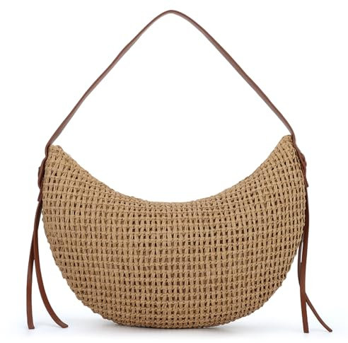 OPLERT Stroh Umhängetasche für Frauen Raffia Woven Tote Handtasche Sommer Strand Handtasche Trendy Crescent Bag