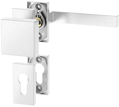 ERGO line CUBE Links, Profiltür-Drückergarnitur mit Festem Türknopf, Oval-Rosette, Edelstahl Eckig Türbeschlag, PZ-Rosette, Rosettengarnitur für Rahmentüren, Schmalrahmenbeschläge