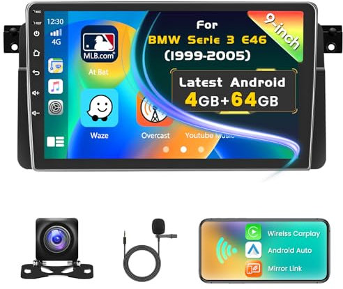 [4G+64G] Inefala Autoradio para BMW Serie 3 E46 1999-2005, Radio Coche Bluetooth con Touchscreen 9 Carplay Inalámbrico Android Auto GPS WiFi RDS/FM USB SWC Cámara Trasera Mic