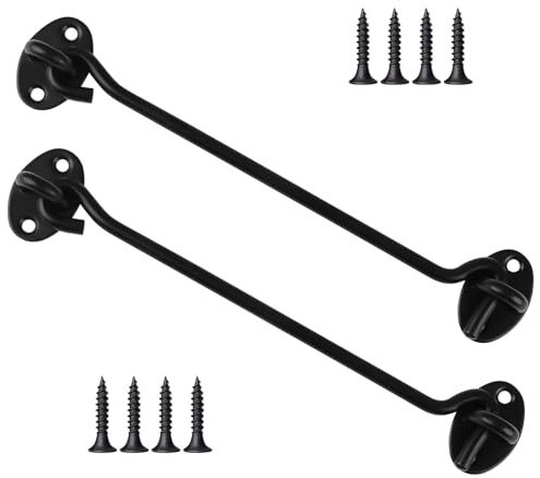 2PCS 8 inch Hook and Eye Latch –Metal Door Look Gate Latches, Stainless Steel Shed Lock, Heavy Duty Solid Thicken Gate Hook with Mounting Screws for Sliding Door Outdoor Window Wooden(Black)