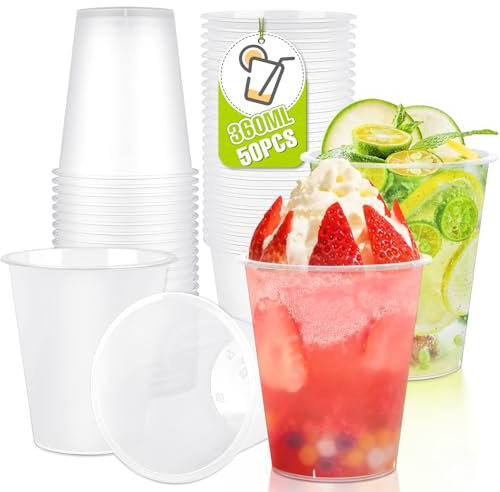 50 Tasse à Boire 36cl Incassable Verre à Granité a Gobelet 360ml Enfant Slushy Cup Polypropylène Dur Transparent Paillettes Argentées Verres Élégants pour Anniversaires Mariages Noël Barbecues Fêtes
