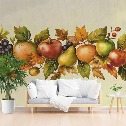Birne Traube Obst 3D Tapete Wandpaneele 200 x 140 cm Aquarell Pflanzen Blätter Fototapete Wohnzimmer Schlafzimmer Braun Kinderzimmer Tapete Wandtapete Motivtapeten