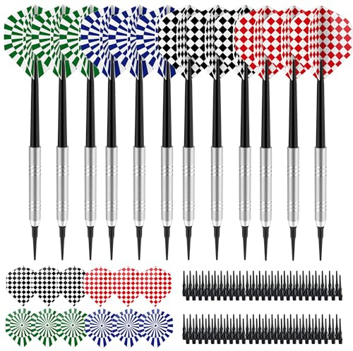 12 Stück Dartpfeile mit Kunststoffspitze 14 g für Elektronische Dartscheibe, Softdart Set mit 24 Flights, 2 Pcs Dartwing Protector und 100 Ersatzspitzen, Dart Set für Anfänger und Spieler