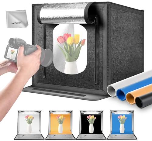 NEEWER Box Studio Photo Light Améliorée, 60 x 60cm, Antireflet, Toiles de Fond 4 Couleurs,Chiffon de Nettoyage,160 LED 5600K CRI97+, Mini Cabine Photo Pliable pour Photographie de Bijoux, LP60