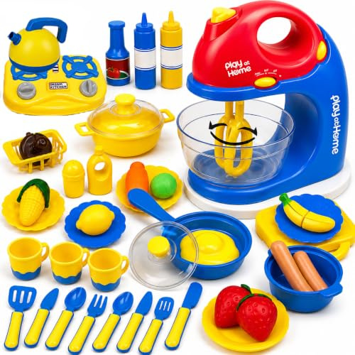 Toyana Kids Kitchen Accessories with Electric Toy Mixer - 44 Piece Pretend Play Food & Cooking Utensils, Role Play Kitchen Set for Children Age 3+ Years