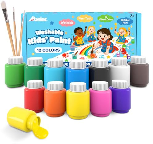 ABEIER Washable Kids Paint, Safe Non-Toxic Finger Paint, 12 Vibrant Colors(2 fl oz) with 3 Paint Brushes, Mess-Free Arts & Crafts Supplies for Toddlers & Grandkids, Ages 3, 4, 5