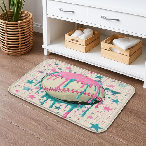 Sportliche Badematte mit Baseball-Thema, schnell trocknend, bunte tropfende Sterne, rutschfester Duschvorleger, lustiger Flanell, waschbar, Badteppiche für Badezimmer, WC, WC, dekorativ, 40,6 x 61 cm