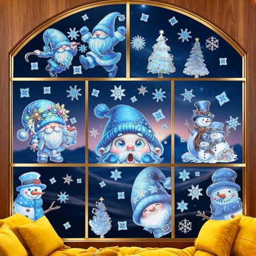 Vetrofanie Natalizie per Finestre, Adesivi Natalizi Finestra Removibili Riutilizzabili Grandi Vetrofania per Vetrine Negozio Porte Vetro, Blu Decorazioni Fiocco di Neve Babbo Natale Stickers Wallpaper