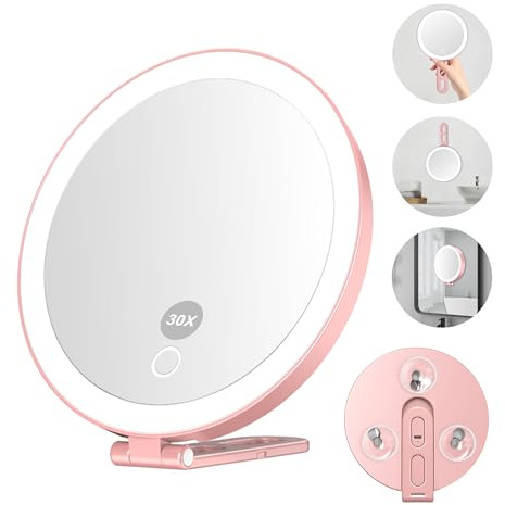Mocado 30x Magnifying Mirror with Light, Magnifying Mirror with Suction Cup | 15.7cm Rechargeable Travel Mirror, 3 Colors Lighting, 3 Suction Cups & Stable Stand, Handheld Mirror(Rose Gold)