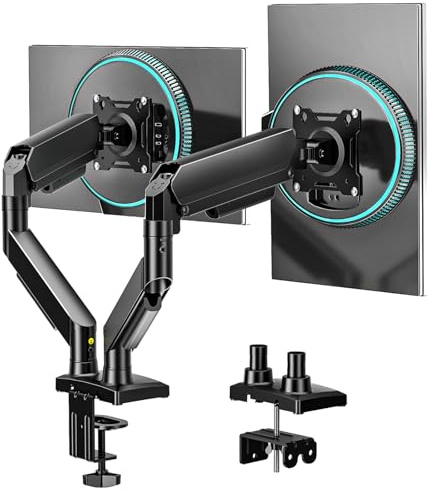 Dual Monitor Stand, Adjustable Monitor Desk Mount for 17″–32″ Computer Screens, Full Motion VESA 75x75/100x100 with C-Clamp & Grommet Aluminum Base, Each Arm Holds 2 to 9kg AX09DB201