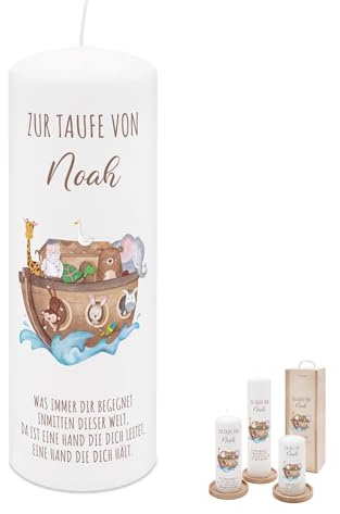 Bärenfreunde Taufkerze personalisiert, Kerze zur Taufe, mit Namen, Arche | Mit Holzkiste oder Untersetzer, Mädchen und Junge, Patenkind, Tauf-Spruch, Geschenk Set, Text, Erinnerung, Taufgeschenk