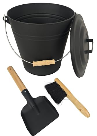 Relaxdays Ascheeimer mit Deckel, Größenwahl, inkl. Aschebesen & Kaminschaufel, Aschebehälter mit Henkel, schwarz/Natur