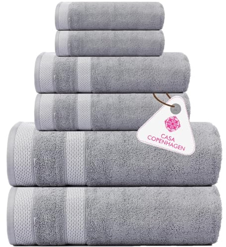 Casa Copenhagen, 6teiliges Designer Handtuch Geschenkset aus 100% ägyptischer Baumwolle –Grau-Violett, 600 g/m² (2Badetücher, 2Handtücher, 2Waschhandschuhe) Geschenkbox für Damen & Herren