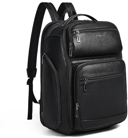 tiamyi Veganer Lederrucksack, 40L Checkpoint-freundlicher Reiserucksack für Damen und Herren, geeignet für 17-Zoll-Notebook, mit Koffergurt und USB-Anschluss, Schwarz Laptop-Rucksäcke