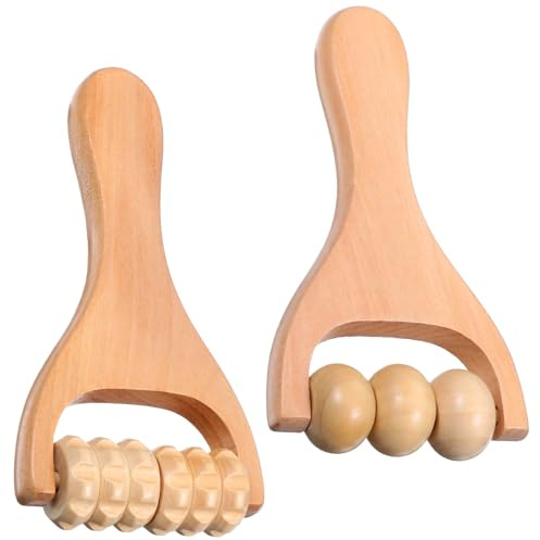 2 Stück Massageroller Holz Ergonomischer Massage Roller mit Griff, Faszienrolle Klein, Körper Gesichtsroller für Beine Hände und Gesicht Massagegerät