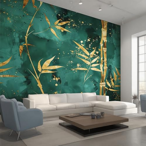 Generisch Vlies Fototapete Gold Bambus Blätter 280x200 cm, Tapete Smaragd Grün Tapeten Vliestapete Wohnzimmer Chinesische Tuschemalerei Schlafzimmer Wandtapete Ornamente Mustertapete W&89