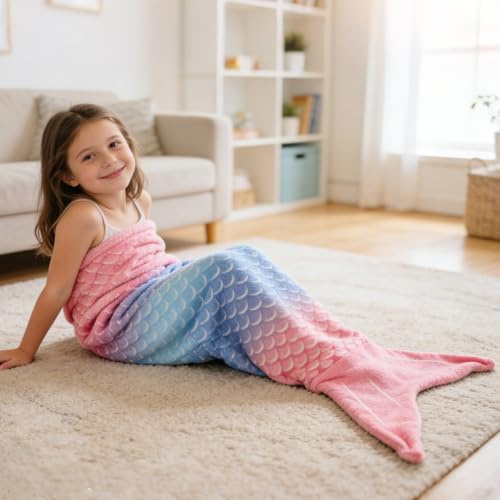 ABOHU Mermaid Tail Blanket, Plush Mermaid Wearable Blanket for Girls Kids Teens, 140cm x 60cm All Seasons Soft Flannel Throw Wearable Snuggle Colorful Scale Sleeping Bag, Birthday Gift for Toddlers