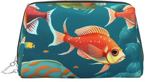 Ocean Underwater Fish Print Small Portable Makeup Bag for Women, with 3 Inner Pockets for Travel Daily Use