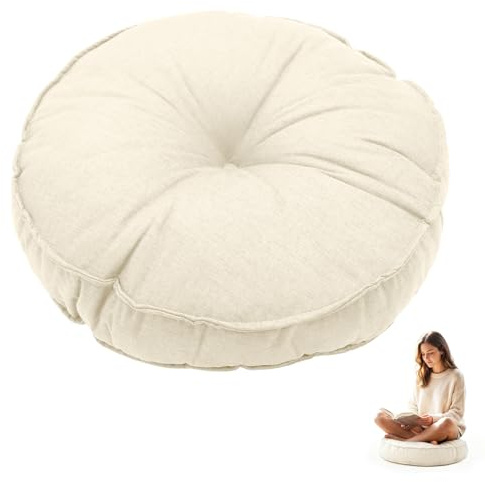 Bodenkissen Rund 45 cm Ø – Sitzkissen Pouf für Zuhause & Outdoor, Wetterfest Wasserfest, 10 cm Dick – Sitzpolster für Garten, Balkon, Esszimmer, Büro- & Stuhlauflage Indoor Outdoor Einsatz (Weiß)