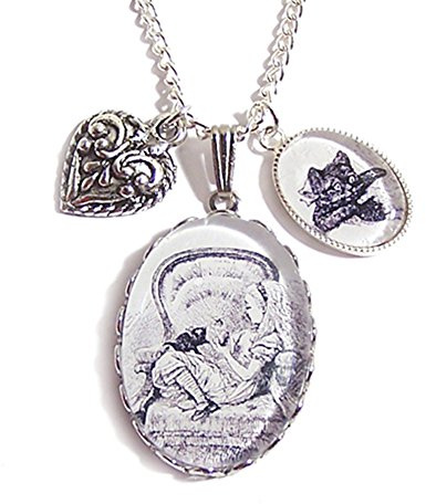LunarraStar Women Silver Plated Oval Glass Alice in Wonderland Alice with Dinah the Cat Illustration Charm Necklace Pendant