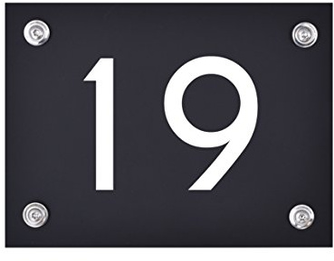 Hausnummer Schild 19 aus Acryl, Hausnummernschild in schwarz | Hochwertiges, wetterfestes Hausnummern-Schild in weißer Schrift inkl. Befestigungszubehör, rostfrei und UV-beständig