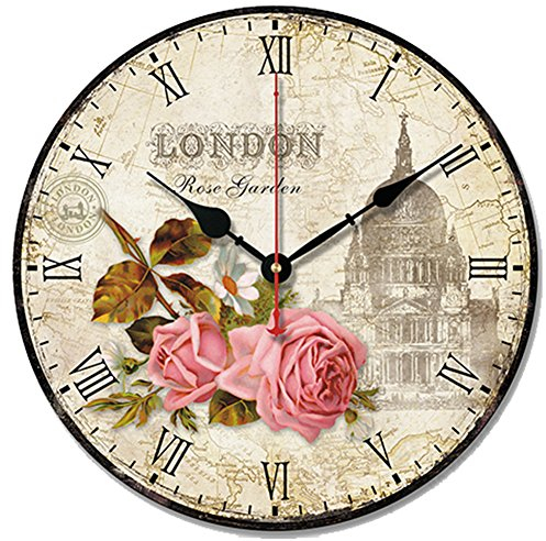 SWHONG Shabby Chic Blumen Wanduhr - Vintage Holz Silent Round Clock mit London & 3D Rose Design Dekoration Geschenk 12 Zoll