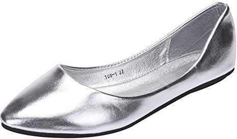 ANUFER Women's Ballet Flats Pointed-Toe Microfiber Leather Slip-on Dress Pumps Shoes Silver SN020536 UK7=EU40.5=CN42