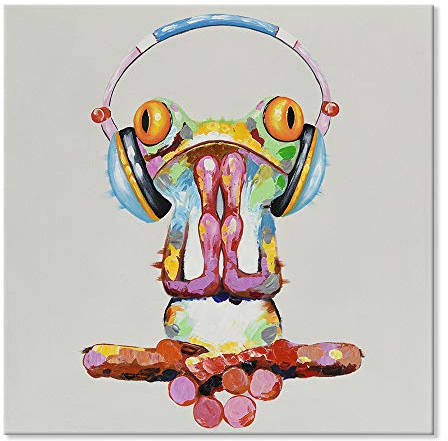JAPO ART Kunstdruck auf Leinwand, Motiv: Frosch, der Yoga macht und Musik hört, 100 % handbemalt, Froschgemälde, Poster für Kinderzimmer, Schlafzimmer, Wohnzimmer, fertig zum Aufhängen, 61 x 61 cm
