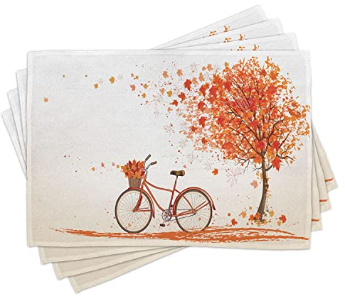 ABAKUHAUS Fahrrad Platzmatten, Orange Herbst-Baum, Waschbare Stoff Esszimmer Küche Tischdekorations Digitaldruck, Orange Rot
