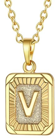 FOCALOOK 18k vergoldet Damen Collier Rechteck Buchstabe V Anhänger Halskette goldene Rolokette 50+5cm verstellbar - Initiale Modeschmuck für Geburtstag