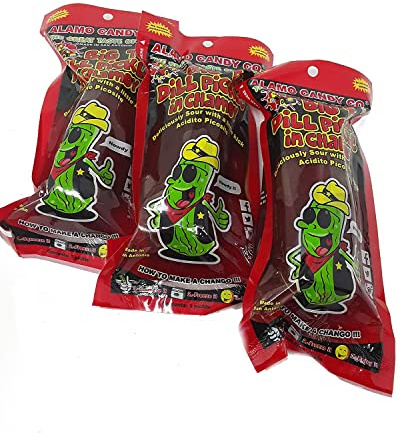 Alamo Candy Big Tex - Pepinillo de eneldo en chamoy - Tres encurtidos - Envueltos individualmente - Fabricado en San Antonio, Texas - Encurtidos grandes