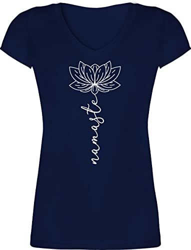 T-Shirt Damen V Ausschnitt - und Wellness Geschenk - Namaste Lotusblüte Yoga Chakra - M - Dunkelblau - yogashirth yogashirt Meditation Joga Shirts yogashirts yogashirtsdamen spirituelle Blume Shirt