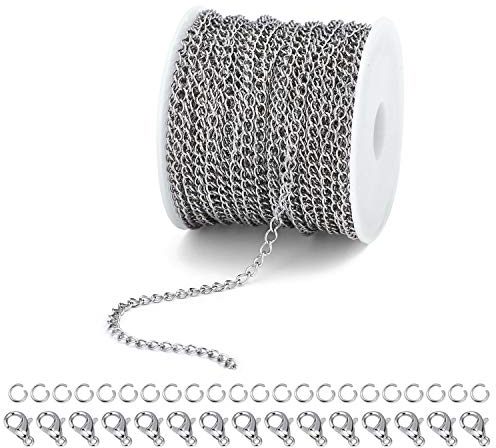 ALEXCRAFT 33 Füße Ketten Basteln Gliederkette Edelstahl Kabel Kette Silber Halsketten mit 20 Karabinerverschluss und 50 Sprung Ringe für DIY Schmuckherstellung,Silber(2,5 mm)
