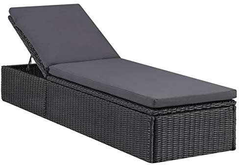 Tidyard Sonnenliege Polyrattan Sonnenliege mit Kissen Verstellbares Kopfteil Gartenmöbel Liege, Schwarz und Dunkelgrau, 198 x 60 x (30-83,5) cm