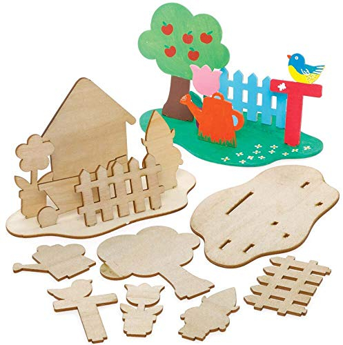 Baker Ross FE518 Bastelset „Im Garten“ aus Holz, Holzbastel-Bausätze für Kinder, Kunst und Handwerksprojekte, 4 Stück