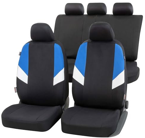 Walser Auto-Sitzbezug Cala Komplettset, Universal PKW-Sitzbezüge 4-teilig, Auto-Schonbezüge, 2 Vordersitzbezüge, 1 Rücksitzbezug schwarz-blau