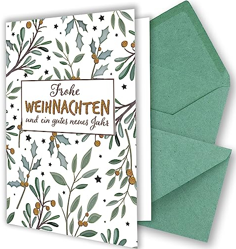 10x Weihnachtskarten-Set DIN A6 in Weiß mit Eukalyptus- und Mistelzweigen - Faltkarten mit Umschlägen DIN C6 Kraftpapier Eukalyptus mit Nassklebung - Weihnachtsgrüße für Firmen und Privat