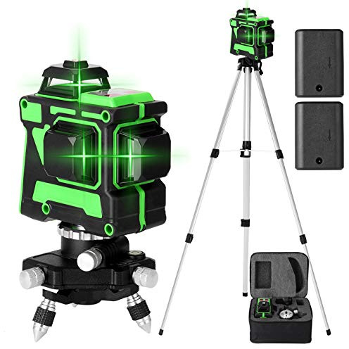Kreuzlinienlaser Grün, VISLONE 3 X 360 Grüner Laserpegel Selbstausgleichende, 3D 12 Laserlinie Kreuzlinienlaser mit 2pcs Batterie, Halterung und Fernbedienung, 360°drehbare Basi