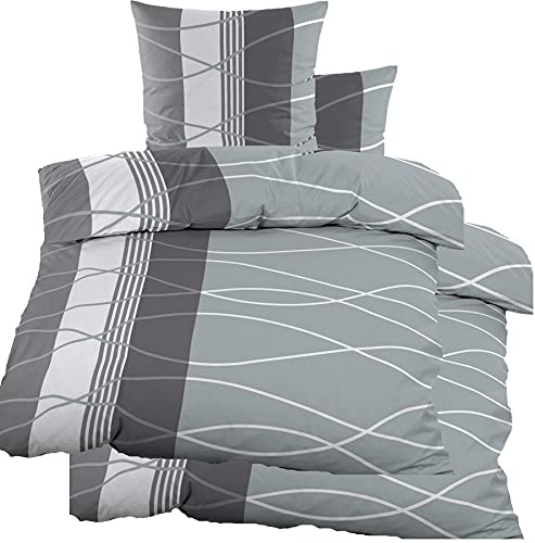 KH-Haushaltshandel 4-TLG. Biber Winter Bettwäsche 2X (135 x 200 + 80x80 cm), grau, Wellen/Streifen, 100% Baumwolle (40128)