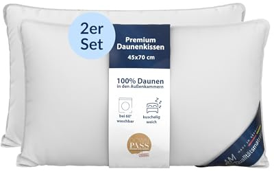 DormiGood Daunenkissen 45x70 - Made in Germany 3 Kammer Kopfkissen 45x70cm - Außenkammer aus 100% Daune - Federkissen 45 x 70 Allergiker geeignet - Kopfkissen 45x70 Federn und Daunen Füllung 2er Set