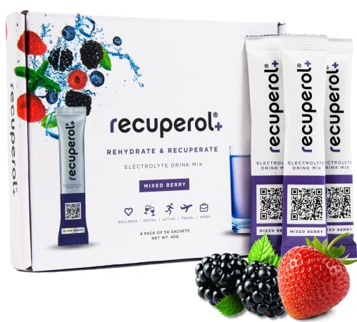 Recuperol Electrolytes Sachets - Rehydration Electrolytes Powder with Zinc, Vitamin C, B12, D3 & Potassium for Hydration - Sugar Free, Vegan & Low Calorie - Mixed Berry 8 Pack
