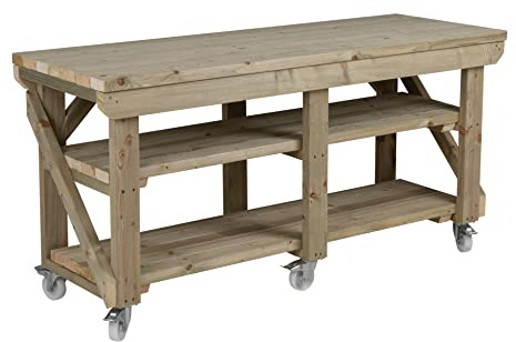 Arbor Garden Solutions Heavy Duty Mobile Workbench with Double Shelf, Pressure Treated Timber Workshop Table on Wheels - 7ft (210cm)