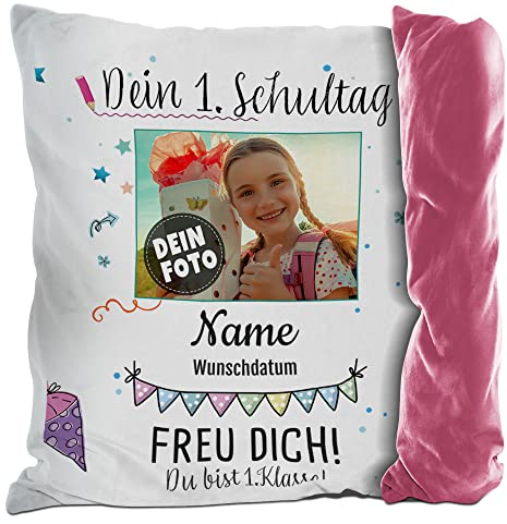PR Print Royal Kissen zur Einschulung selbst gestalten - Dein 1. Schultag - mit Name, Datum und Foto Personalisieren - Geschenke zur Einschulung | Rückseite Pink, 40x40cm