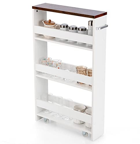 GiantexUK Kitchen Storage Trolley, 4 Tier Slim Utility Rolling Cart with Wheels & Handle, Mobile Shelving Unit Organizer for Office Bathroom Kitchen and Laundry Room (White + Brown)