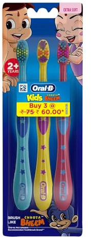 Oral-B Kids Chhota Bheem Handzahnbürste, extra weiche Borsten, leicht zu haltender Griff, 3 Stück (ab 2 Jahren), mehrfarbig