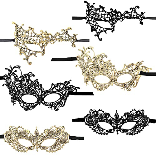 Lusofie Maskenball Maske Damen Karneval Maske 6 Stück Augenmaske Kostüm Maskenball Schwarz Gold Maskerade Maske Spitze Augenmaske Prom Halloween Prom Kostüm Party