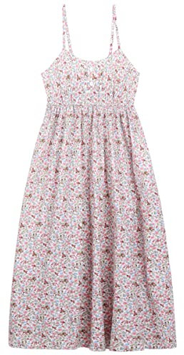 Femme Robe à Bretelles 100% Coton Popeline Robe de Plage Robe à Fleurs Robe Maxi Taille Haute avec Bretelles Réglables Longueur de la Robe 118cm - Beige Blanc avec Fleurs Roses & Orange & Bleues A37