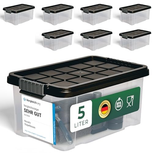 Novaliv 8x Aufbewahrungsboxen mit Deckel 5L Anthrazit Nestbar stapelbare Storage boxes mit Clipverschluss Kunststoff BPA-frei 30 x 19 x 14 cm